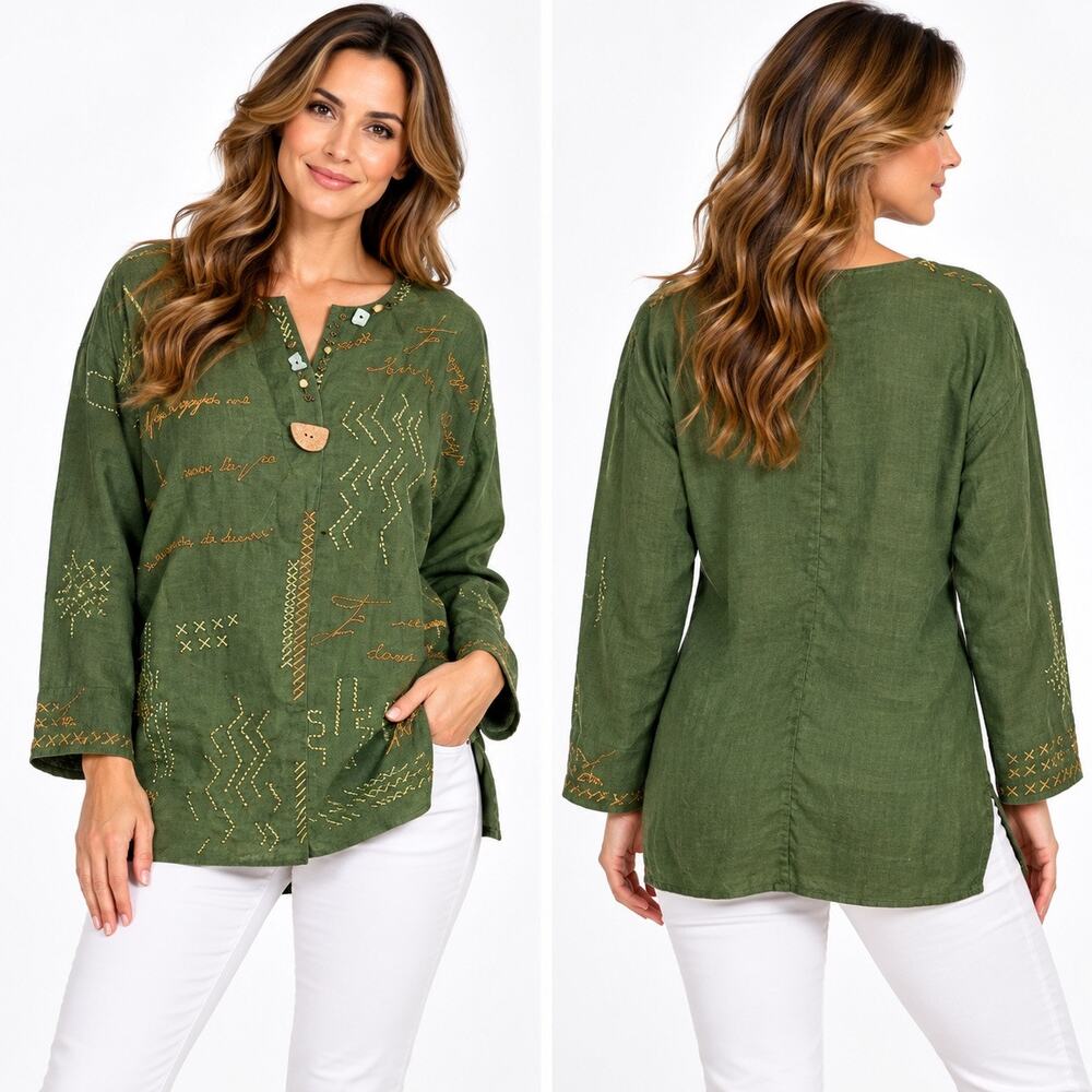 Ruby Rd Womens Shirt Jacket Embroidered Beaded Linen Blend Green Size 10